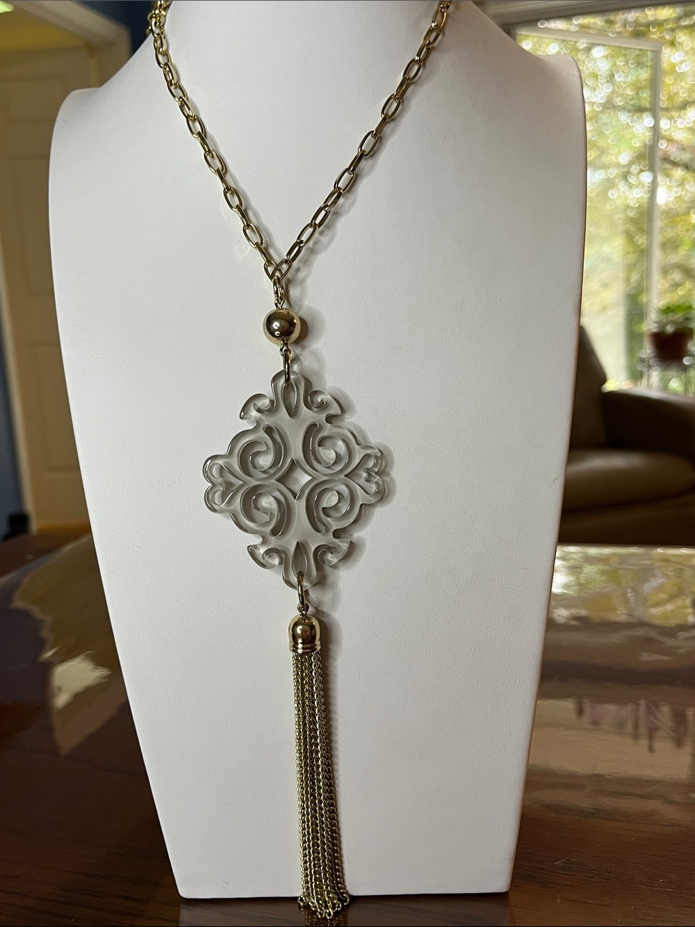 10/$10 Gold Chain Necklace with Frosted Filigree Pendant and Tassel